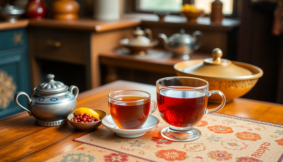 cup of tea on traditional indian kitchen table 