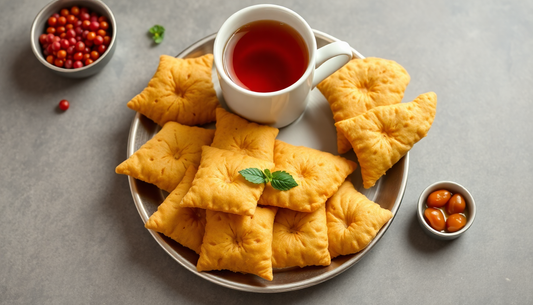 Traditional Indian snacks arranged with a cup of tea