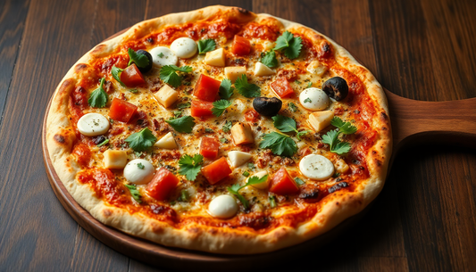 A dry Bhakhri pizza with vegetarian toppings on a wooden board