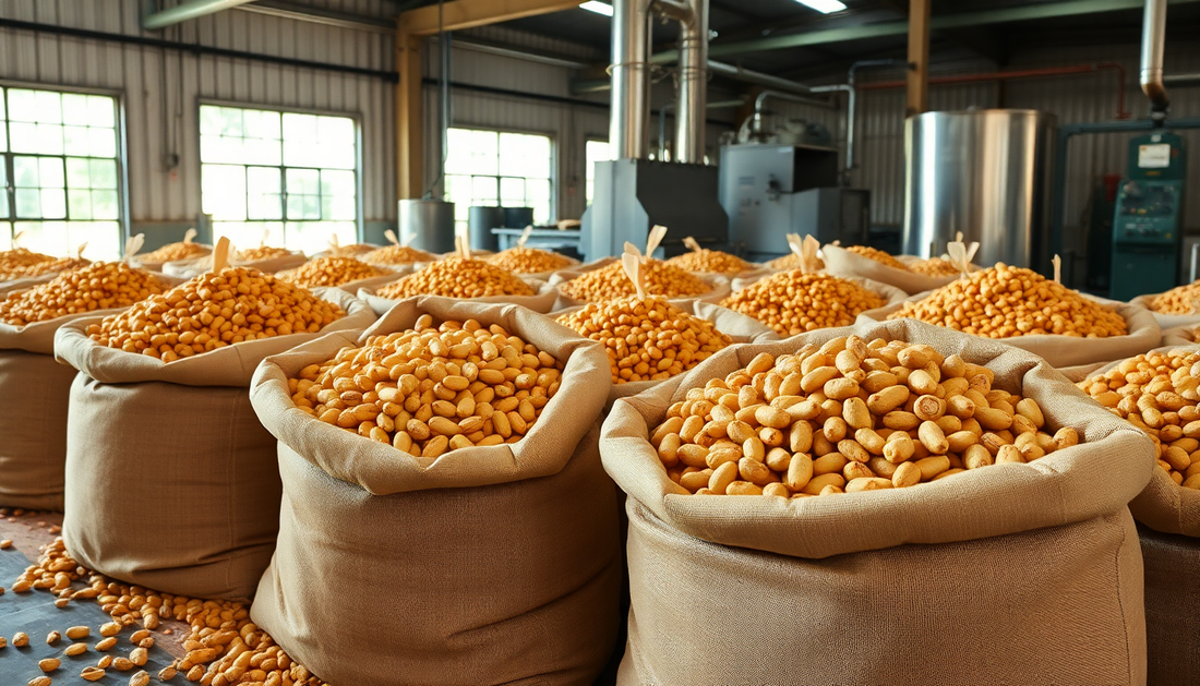 Bags of roasted peanuts ready for export in a factory