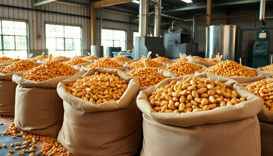 Bags of roasted peanuts ready for export in a factory