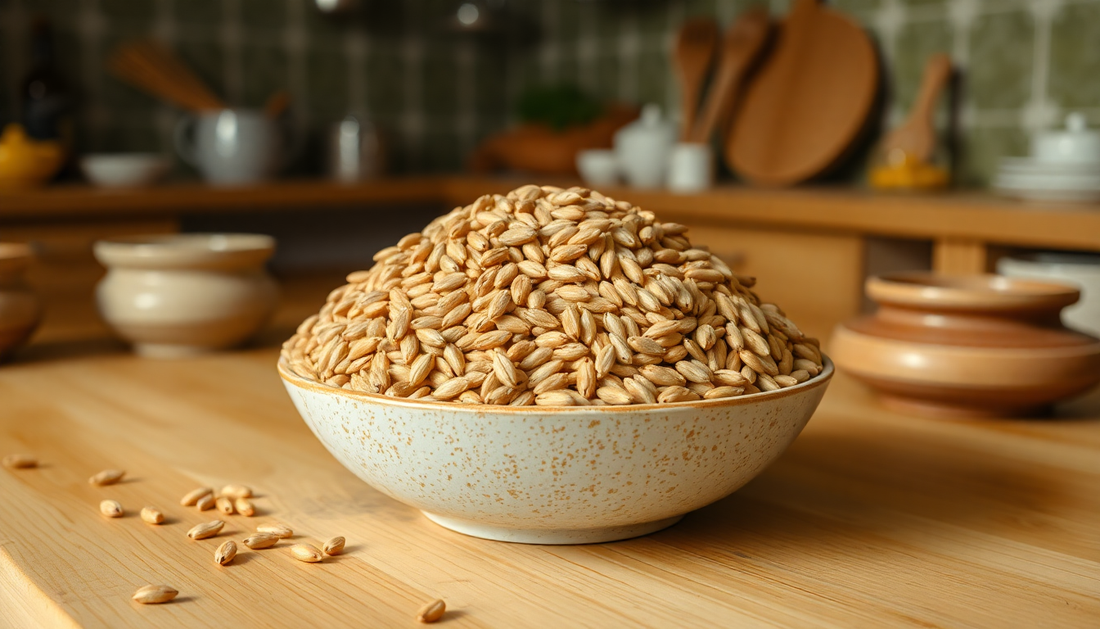 whole brown wheat in bowl on wooden table placed in indian kitchen  