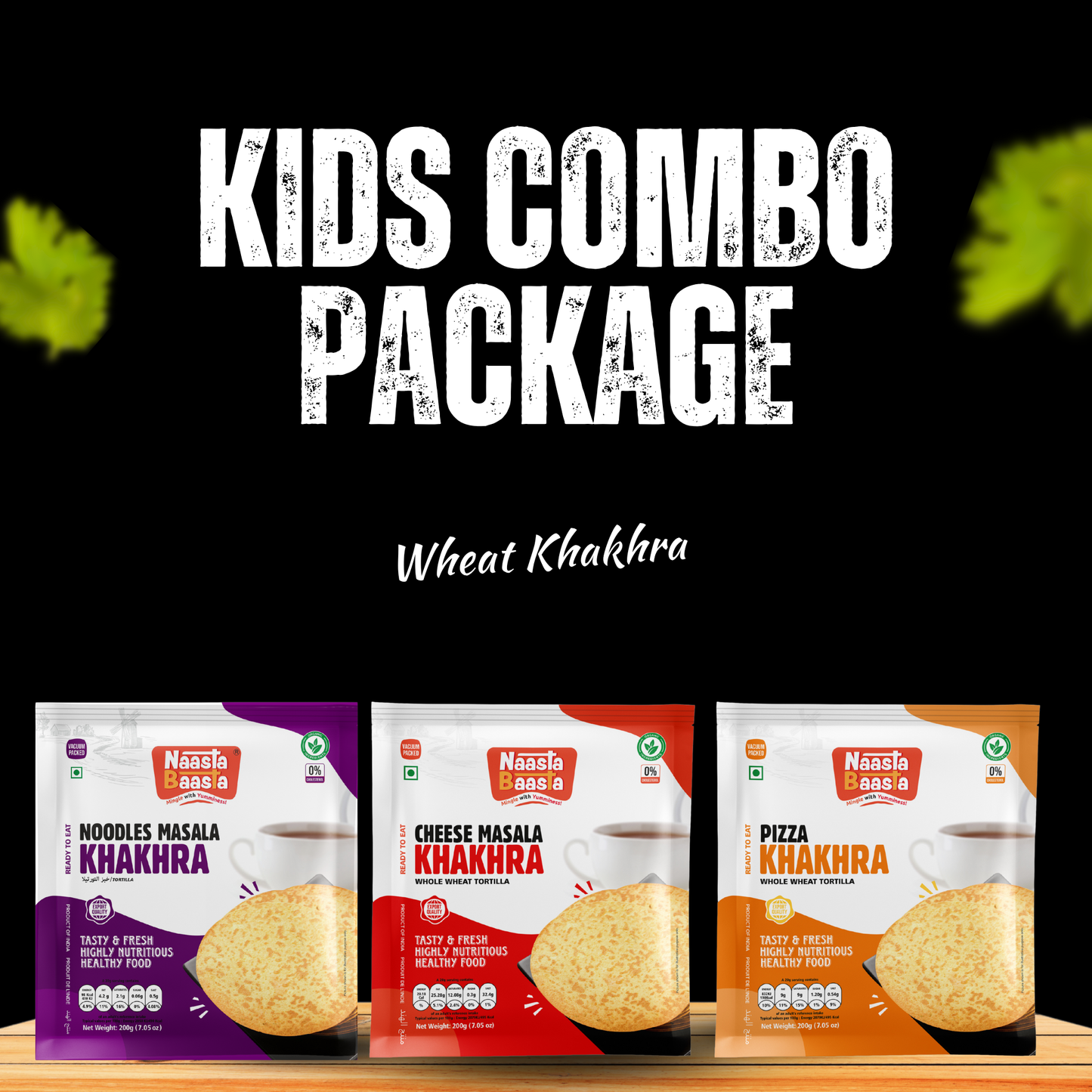 Kids Combo Package of Noodles Masala, Cheese Masala, Pizza Khakhra - Healthy Snacks for Kids