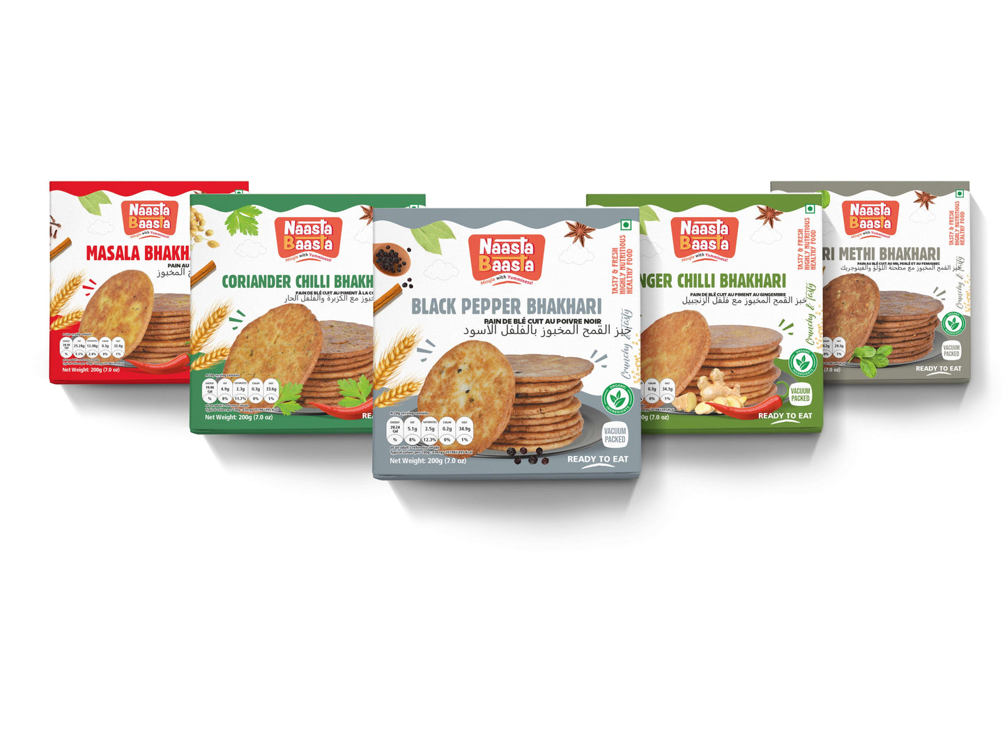 Bhakhari Combo Pack - Masala, Coriander Chilli, Black Pepper, Ginger Chilli, Bajri Methi (200g Each) | Ready to Eat, Vacuum Packed - naasta baasta